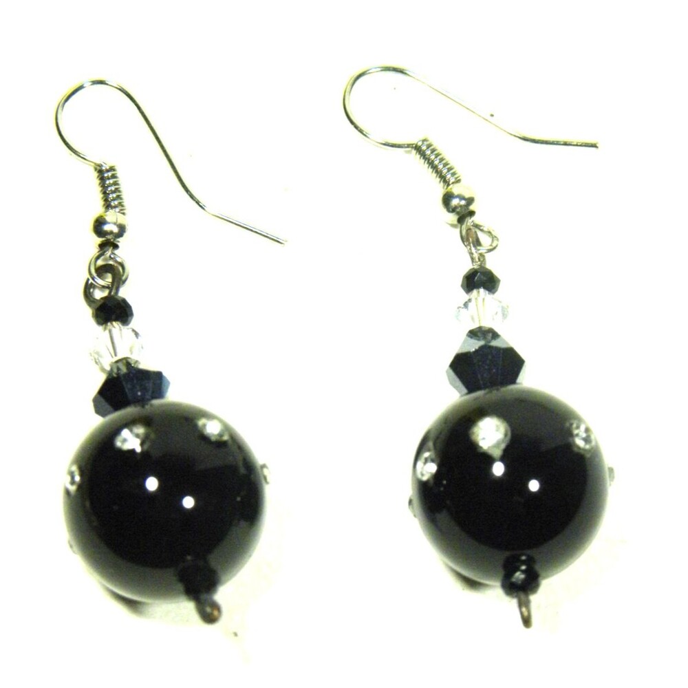 Black Rhinestone Lampwork Earrings Dangle Pierced Glass Beaded Hook